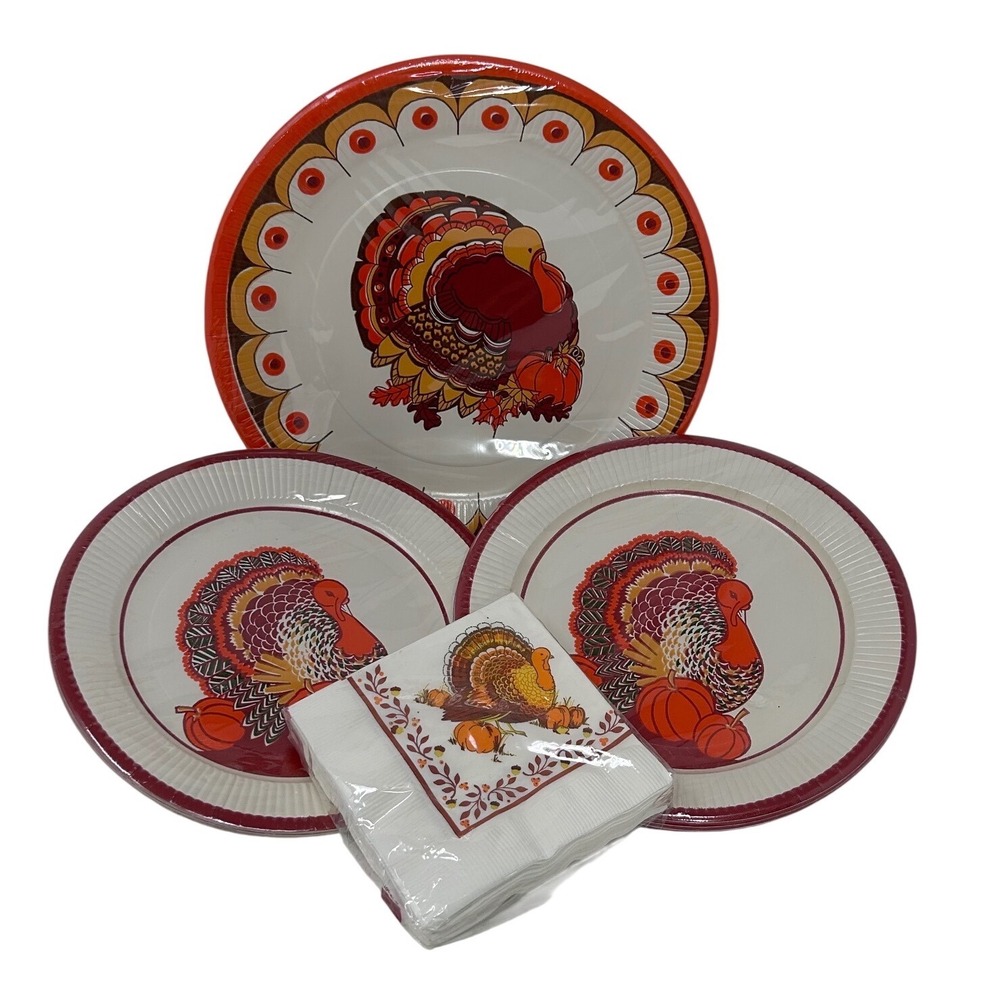 Vintage Gibson Thanksgiving Party Plates and Napkins Set Turkey Harvest‎ 24pc
